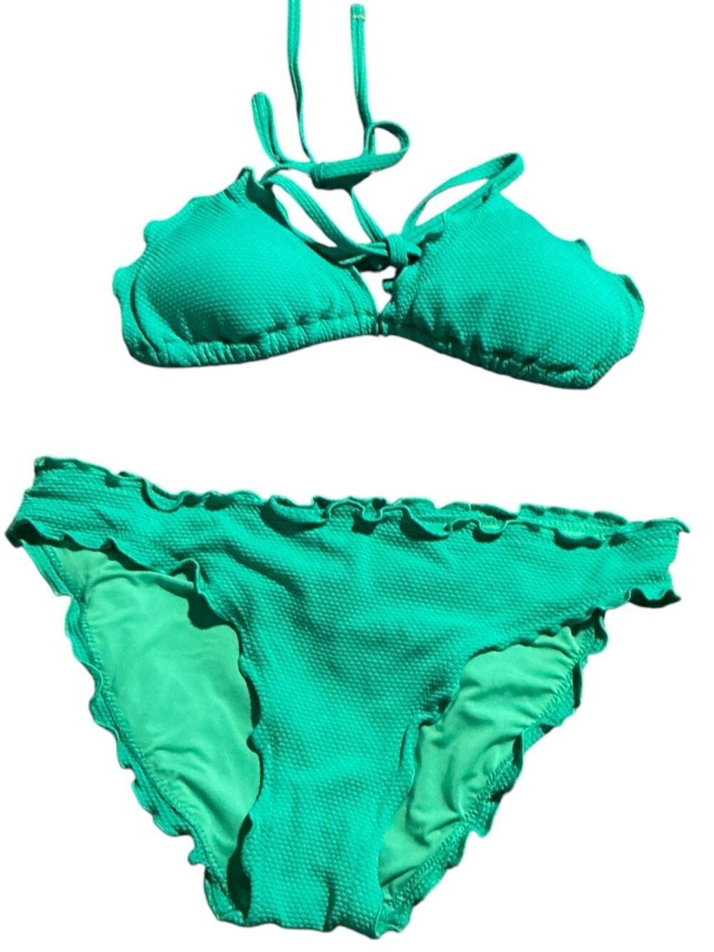 AERIE Textured Green Scalloped Triangle Bikini Set Size Small